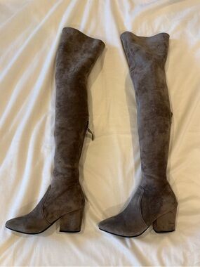 Goodnight Macaroon Taupe Gray Suede Carina Over-the-Knee Block Heel Boots